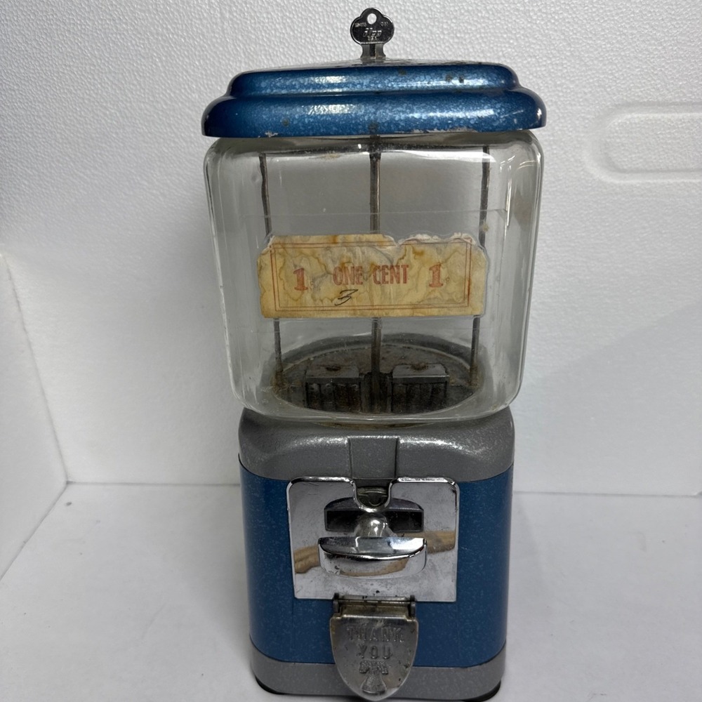 National Bell Gumball Machine Blue Vintage 1 Cent Coin Op Dispenser Key